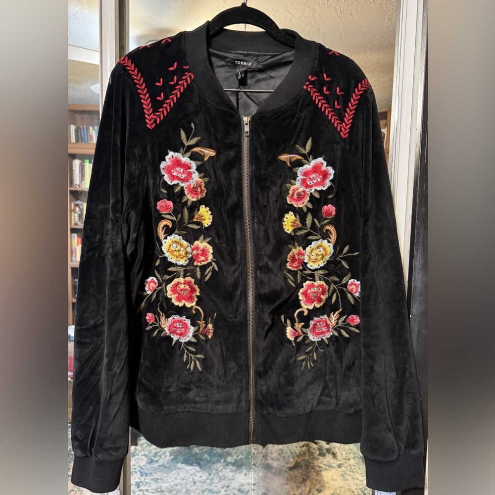 Black Floral Embroidered Bomber Jacket